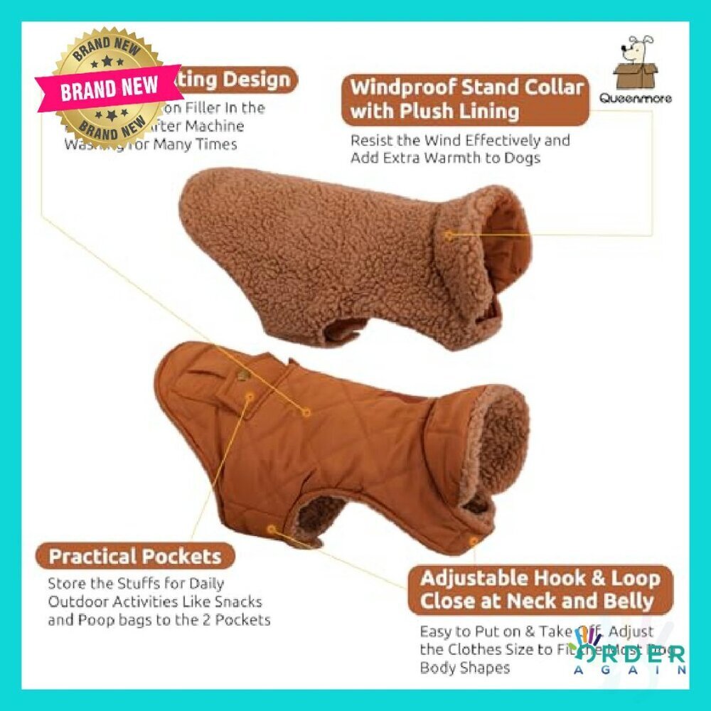 Ultra Warm Puffer Dog Jacket Thick Plush Lining Storage Pockets X-Small - Picture 4 of 7
